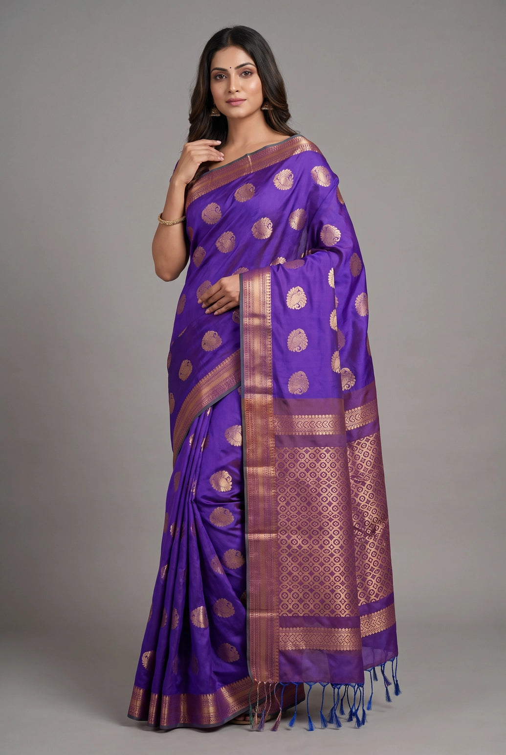 Purple Semi Soft Silk Saree with Contrast Border, Delicate Gold Zari Buttas and Traditional Floral Zari Border - Purple