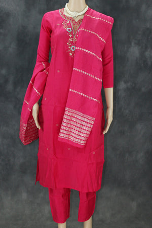Deep Pink Roman Silk 3-Piece Kurti Set with Elastic Pant and Aari-Work Dupatta