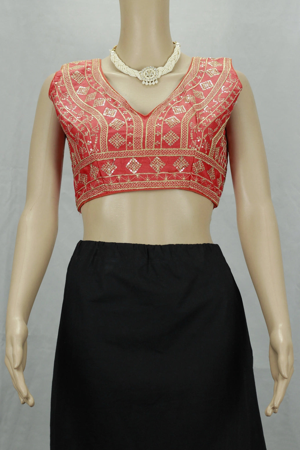 Orange Readymade Designer Padded Blouse with Heavy Gold Thread Embroidery & Sequin Work, Back Knot, Sleeveless - Orange