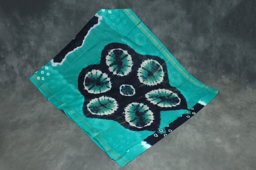 Bandhani Sungudi Cotton Saree with Golden Zari Border-Navy Blue & Teal Saree JCS Fashions Navy Blue 5.5 meters