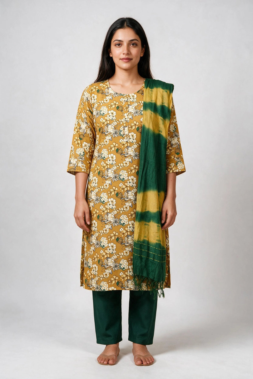 Brown Floral Cotton 3-Piece Kurti Set with Elastic Pant and Matching Dupatta - Brown