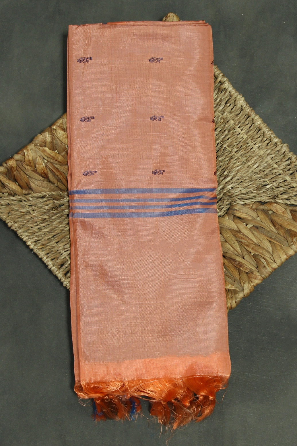 Peach Orange Vaazhai Naar (Banana Pith) Saree with Blue Stripe Pallu and Small Buttas - Peach Orange