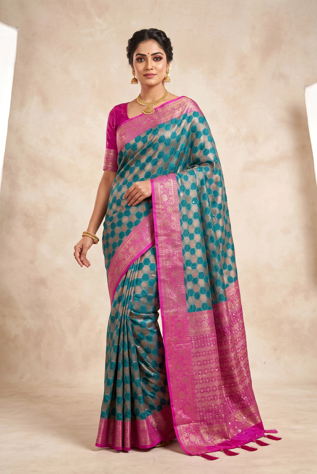 Madhumita Fancy Teal Cotton Organza Saree with Floral Pallu and Stone Work Designer Blouse - Teal