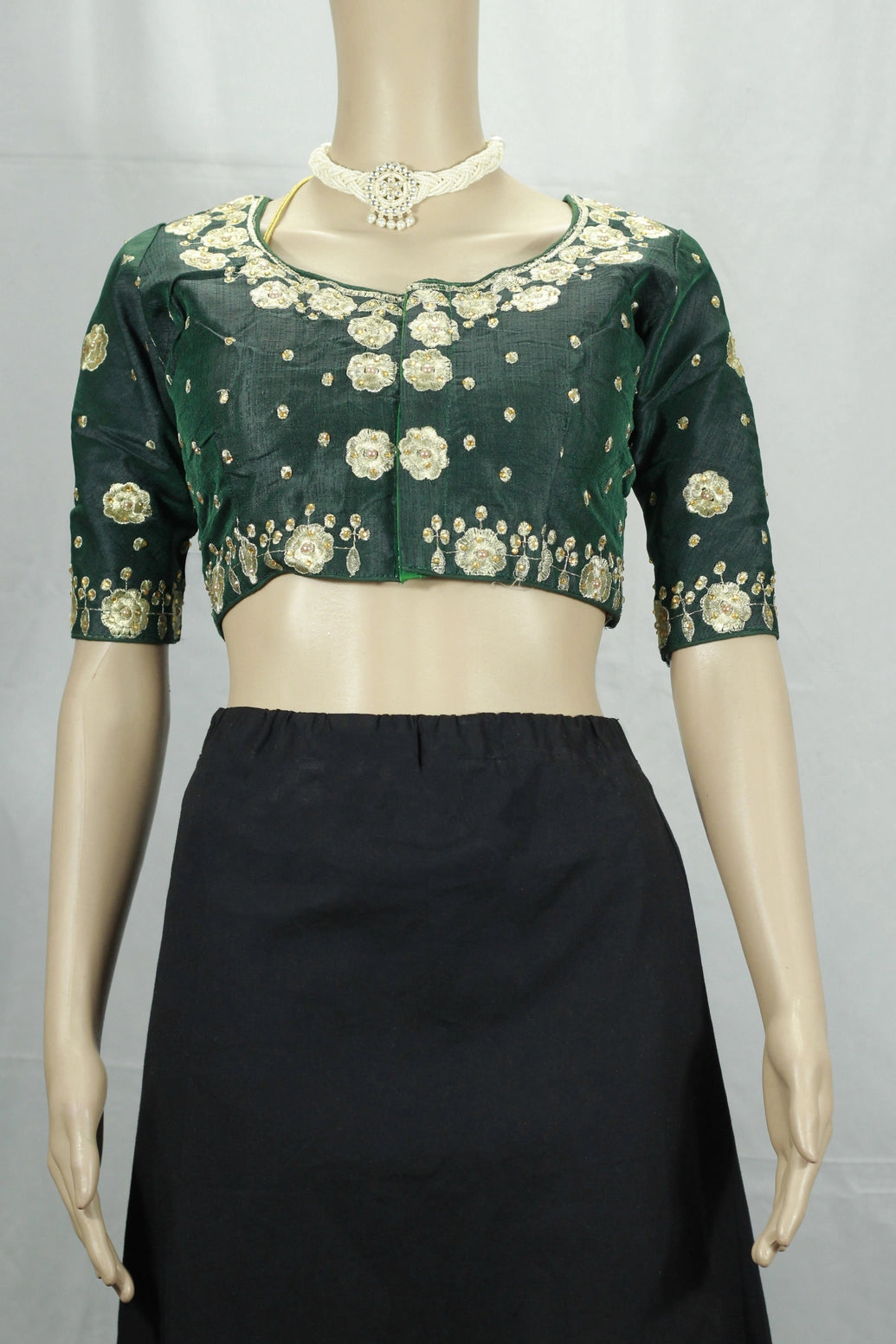 Green Designer Padded Blouse with Floral Embroidery and Sequin Highlights, Fully Stitched Elbow Sleeve Back Knot - Green