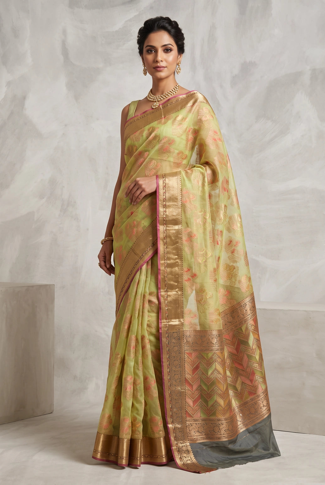 Green Cotton Oraganza Designer Saree with Grand Pallu, Zari Weaving Border & Blouse Piece - Green