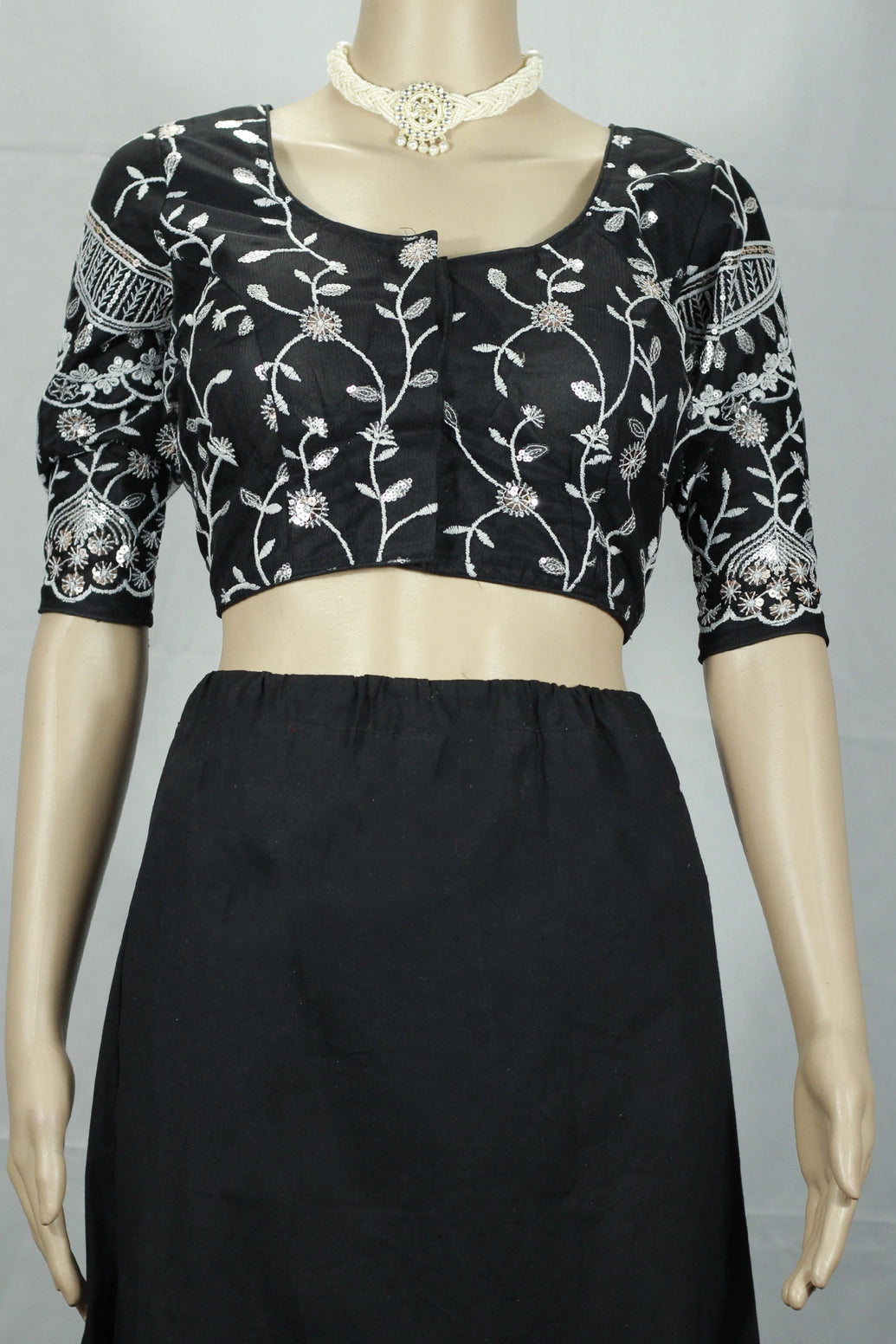 Black Readymade Designer Padded Blouse with Aari Floral Embroidery, Elbow Sleeves and Back Knot - Black