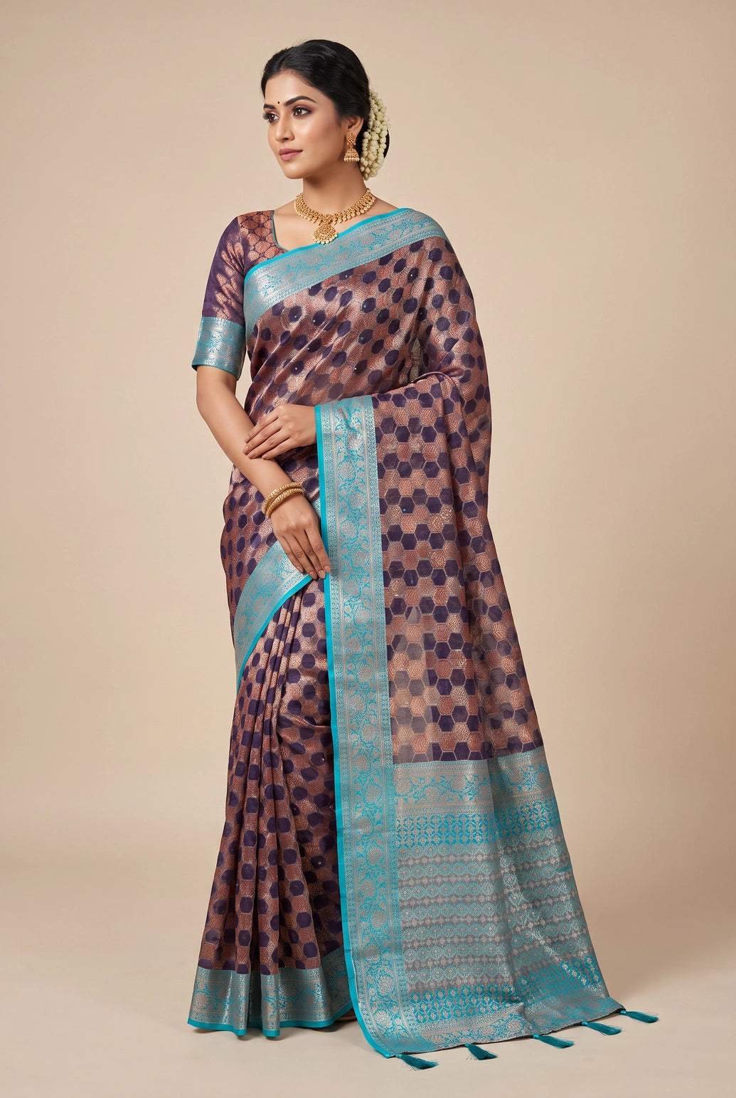 Madhumita Fancy Designer Cotton Organza Saree with Stone Work & Floral Pallu, Navy Blue - Navy Blue