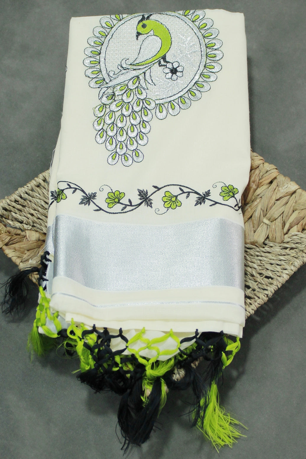 Half White Kerala Cotton Saree with Peacock Embroidery Silver Zari Thread Work - Half White