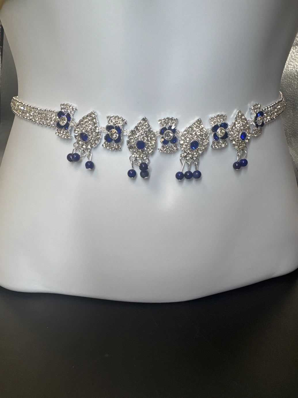 Silver-Tone Blue Crystal Hip Chain with Floral Motifs and Bead Danglers - Adjustable Jewelry JCS Fashions Blue 24 - 34 inches