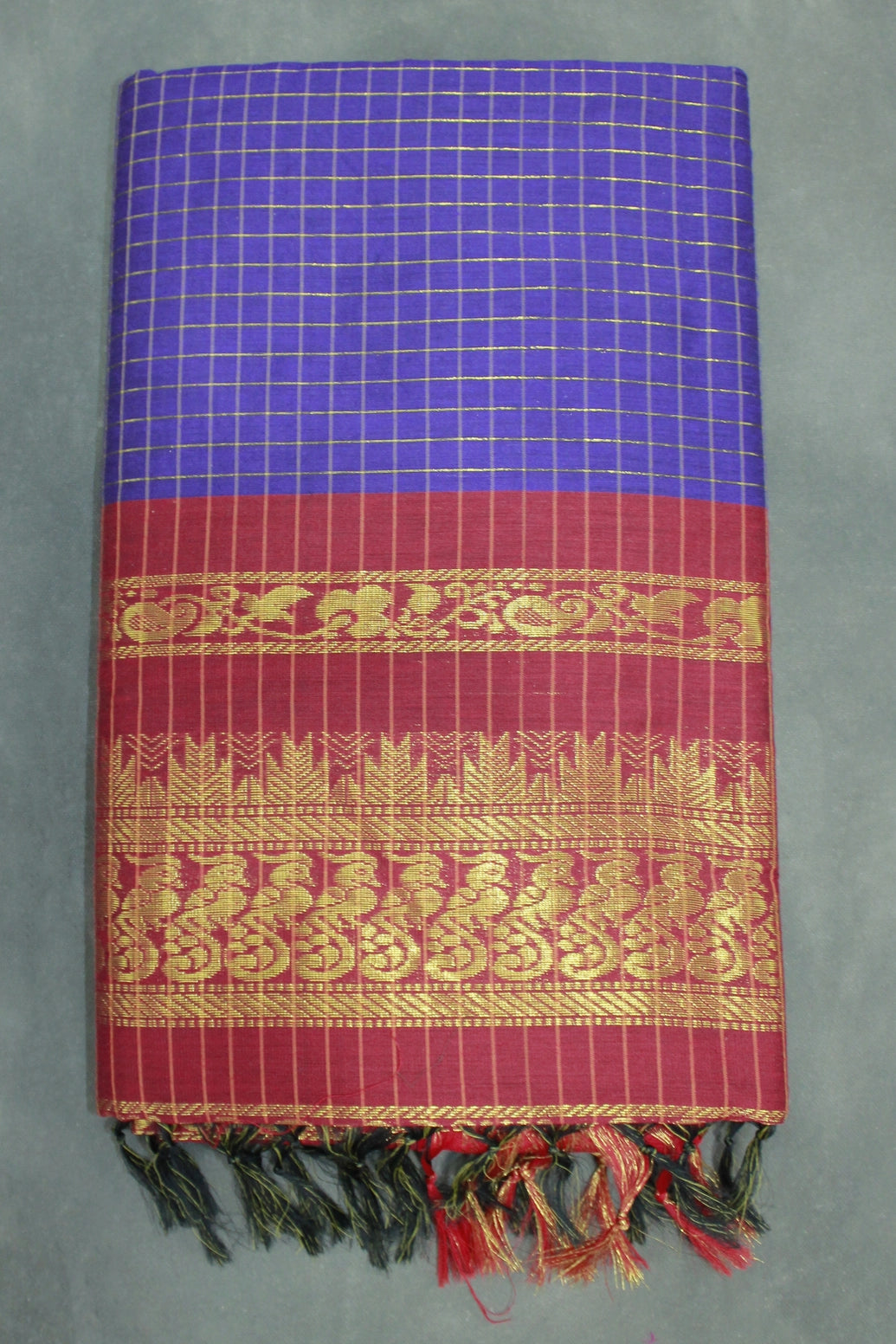 Violet Kalyani Cotton Saree with Zari Checked & Peacock Border and Blouse - Violet