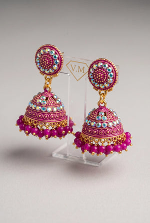 Traditional Jhumka Earrings with White Stone Work and Beaded Gold-Tone Drops for Festive Wear