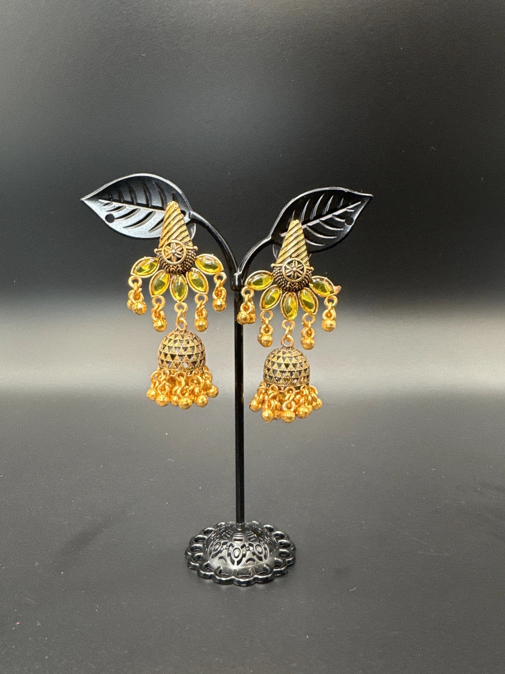 Antique Gold Kundan Jhumka Earrings with Pearl & Green Accents Jewelry JCS Fashions Antique gold 2.00 inch