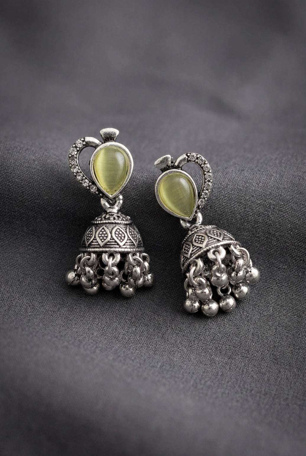 Lemon Yellow Oval Stone Oxidized Silver-Tone Jhumka Earrings with Floral Cutwork and Ghungroo Danglers - Lemon Yellow
