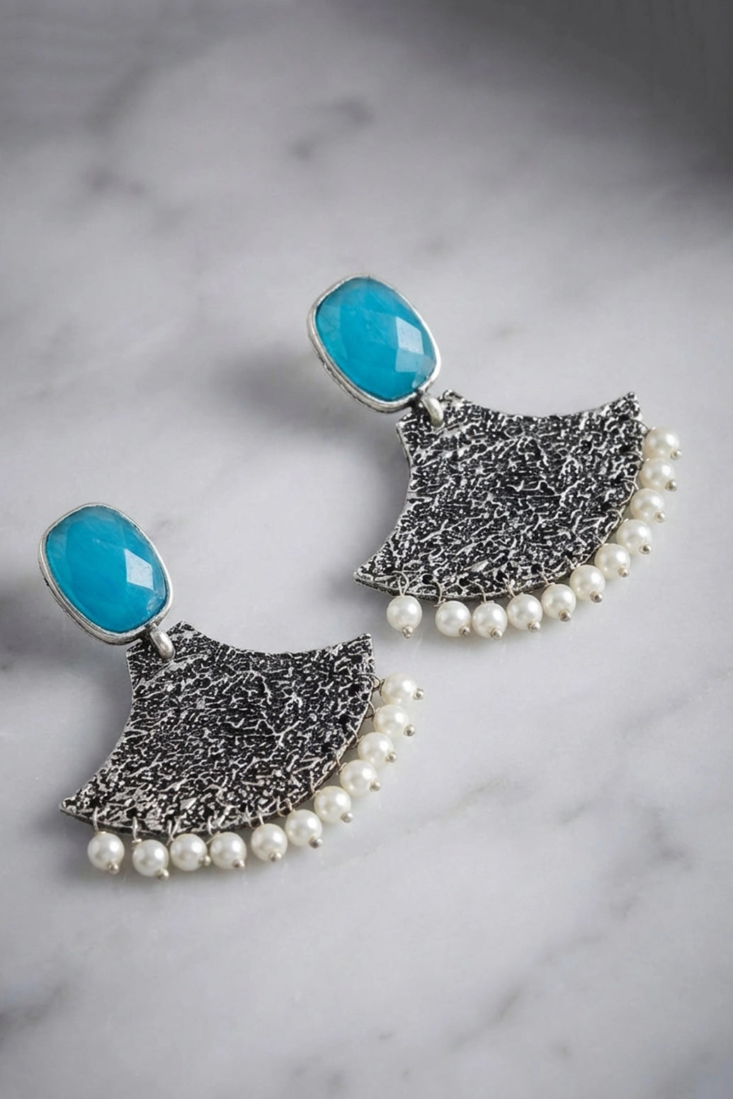 Sea Blue Stone Triangle Tassel Drop Earrings, Silver-Tone Party/Festive Jewellery for Women - Sea Blue