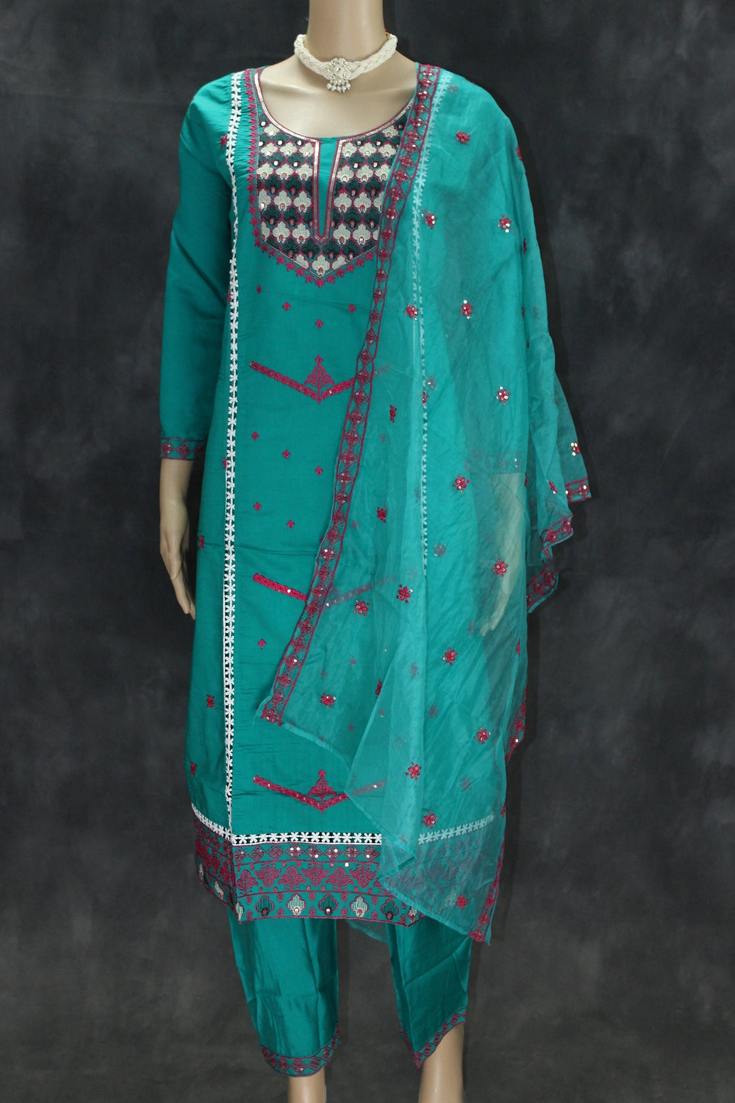 Roman Silk Embroidered 3-Piece Kurti Set with Organza Dupatta in Jungle Green - Traditional Indian Wear Kurti JCS Fashions Jungle Green Large (40)