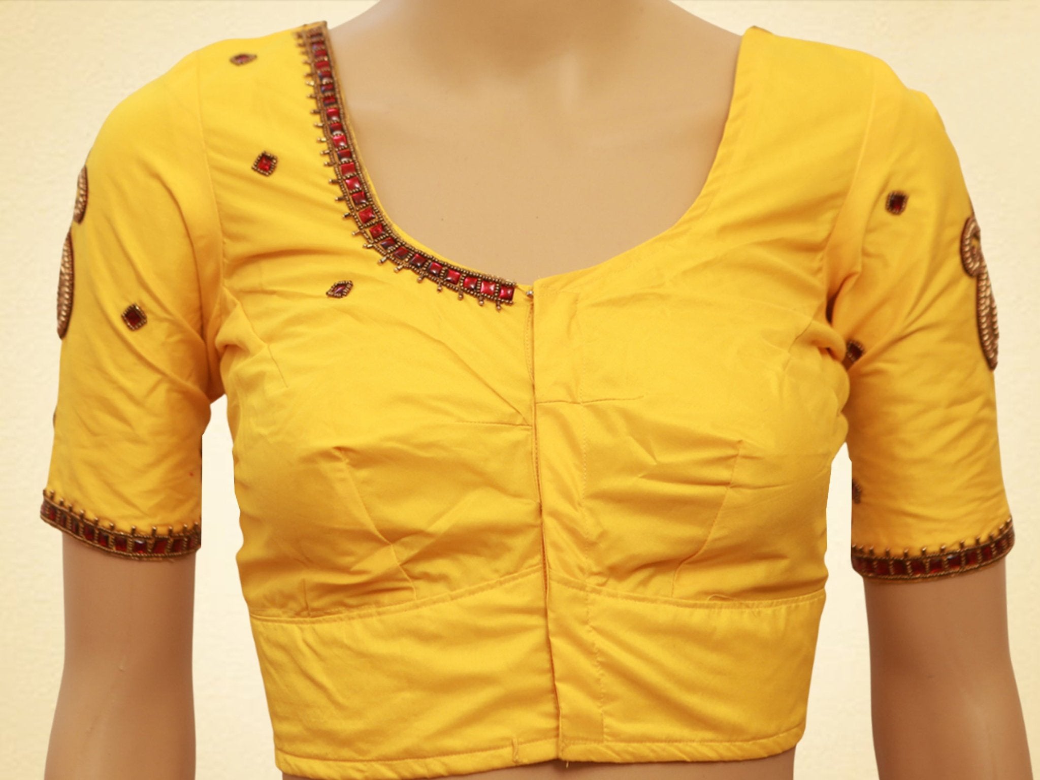 Yellow Aari Work Bridal Blouse - Indian Designer