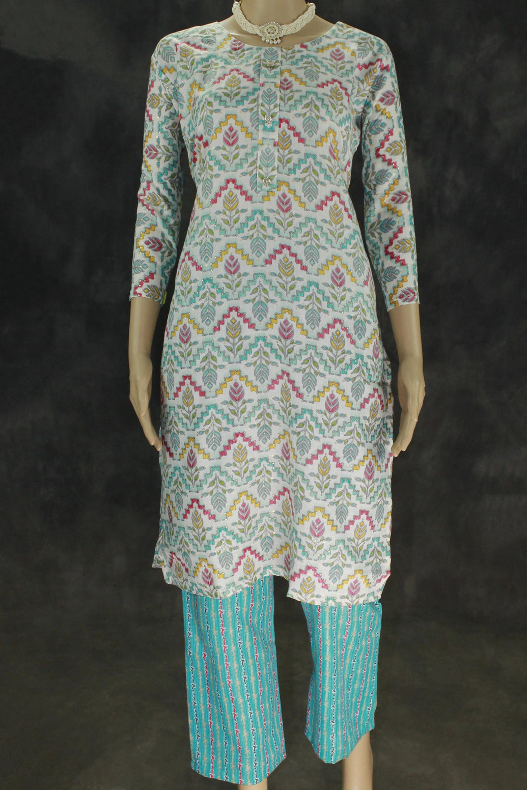 Cotton Printed Kurti Set with Elasticated Pants, Cream & Multicolour Print - Two-piece Kurti and Pant - Cream & Multicolor