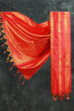 Red Ponnadai Poly Silk Jacquard Temple Shawl with Zari Pattern & Tassels | 2m Traditional South Indian Dupatta