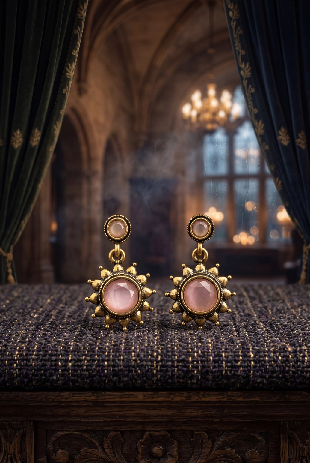 Pink Gold-Tone Antique Style Sunflower Drop Fashion Earrings for Women - Pink