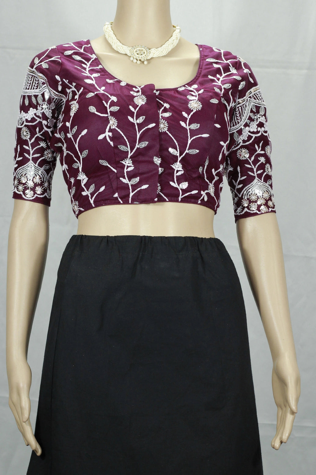 Wine Readymade Designer Padded Blouse with Aari Floral Embroidery, Elbow Sleeves & Back Knot, Fully Stitched - Wine