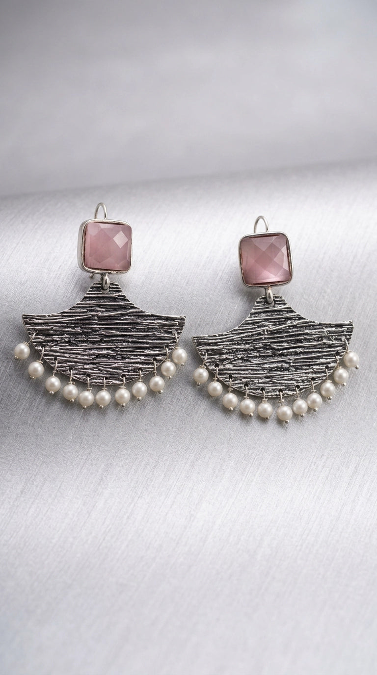 Pink Square Stone Silver-Tone Textured Triangular Chandbali Style Earrings with Pearl Drops for Festive Party Wear - Pink