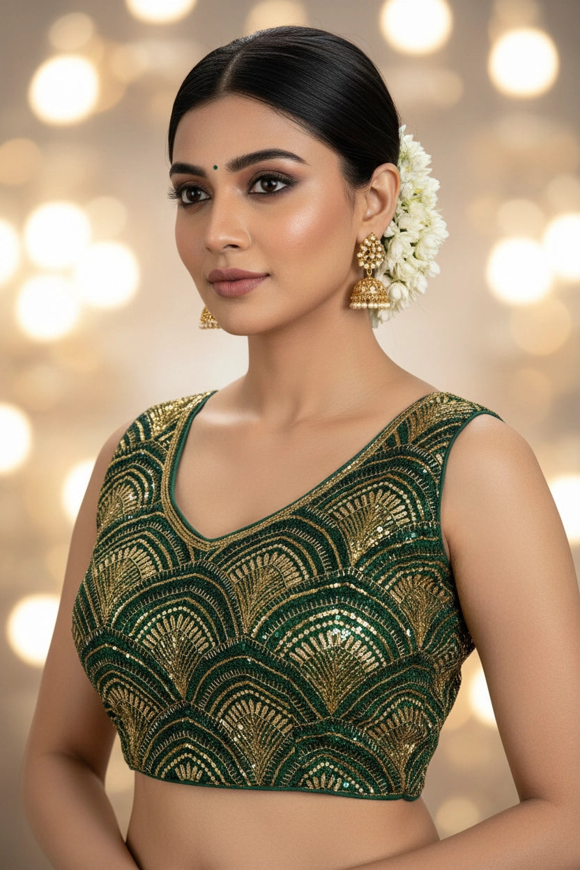 Green Zari Padded Sleeveless Blouse with Bold Scalloped Embroidery, Back Tie, Ready-to-Wear (Size 36) - Green
