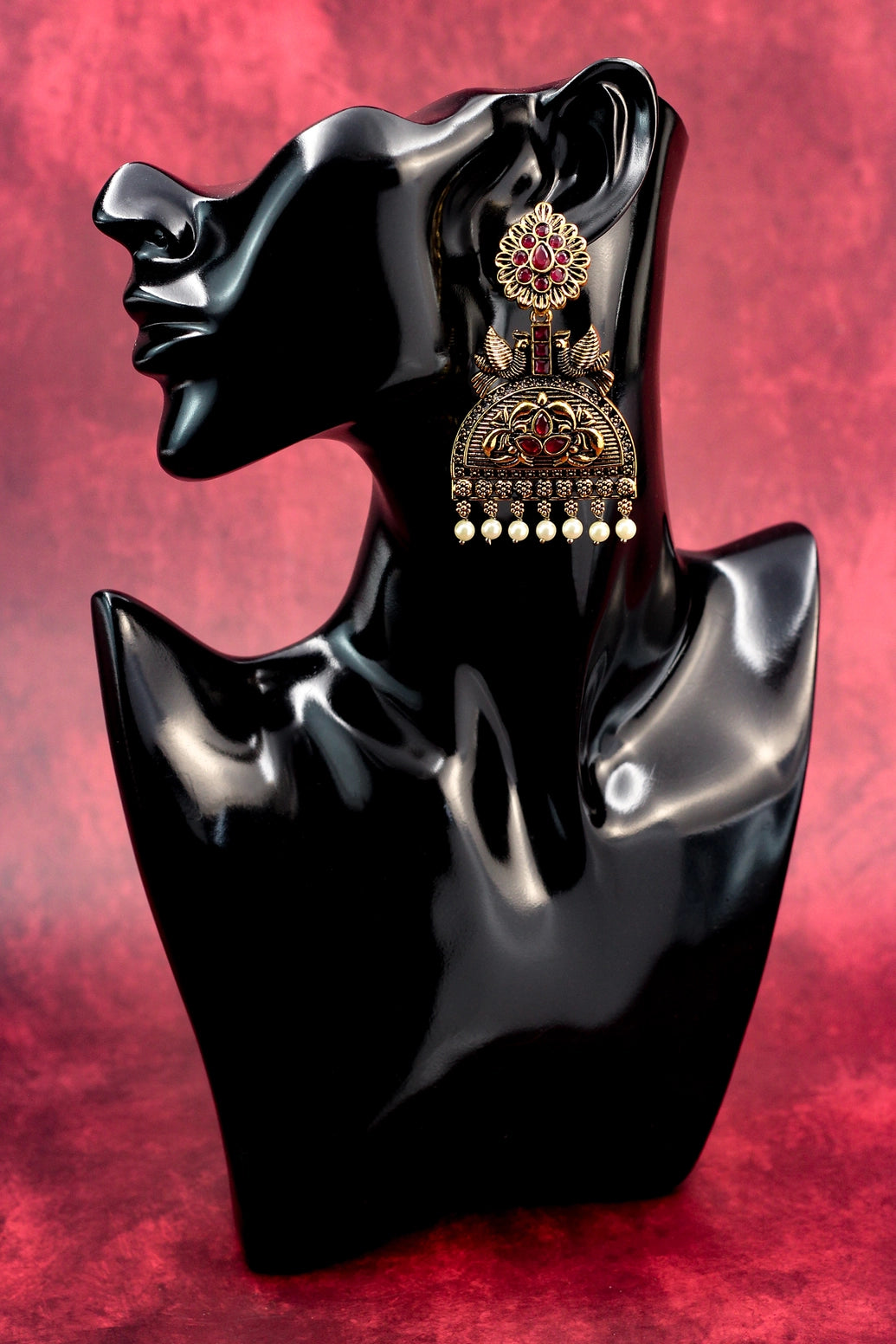 Red Stone Antique Gold Jhumka Earrings with Pearl Drops - 3 Inch Traditional Indian Fashion Jewellery Jewelry JCS Fashions