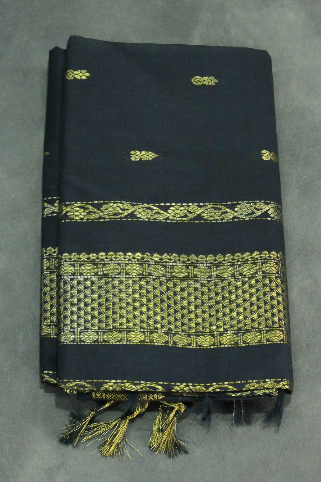 Black Kalyani Cotton Saree with Putta Design and Zari Border, Blouse Included - Black