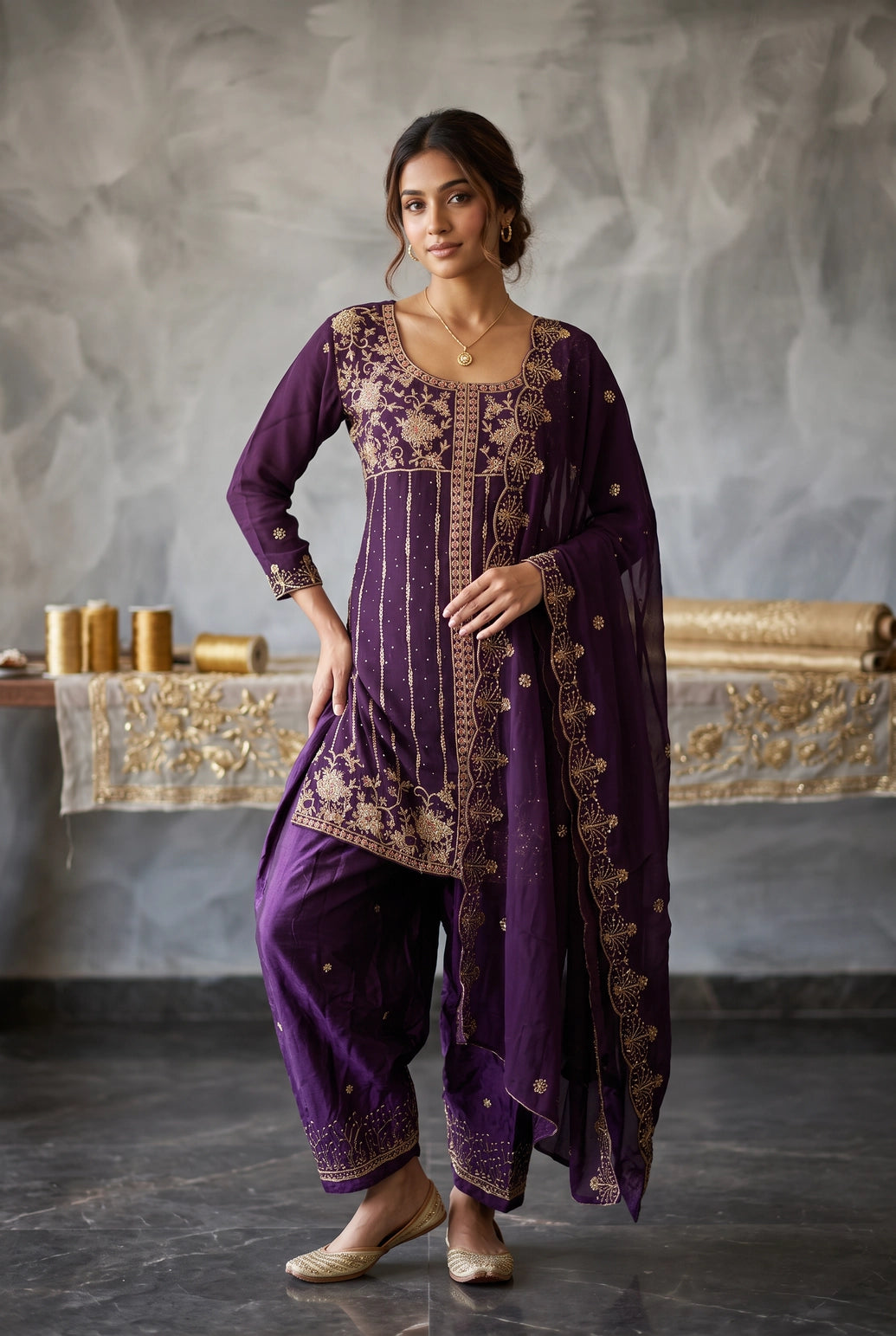 Purple Embroidered Kurti Pant Set with Organza Dupatta, French Work & Jarkan Details - Purple