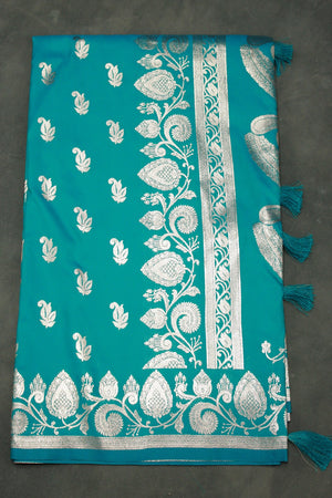 Rama Blue Banarasi Soft Silk Saree with Zari Floral & Mango Motifs and Traditional Border
