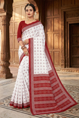 White Pure Cotton Printed Saree with Red Border | Velvet-Style Pattern, Traditional Ethnic Wear