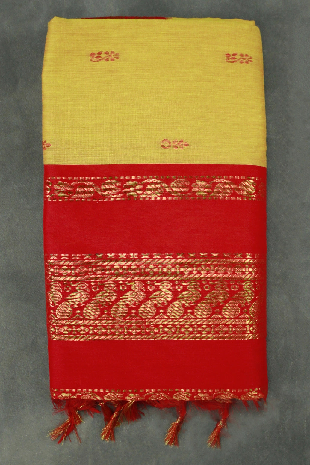 Yellow Kalyani Cotton Saree with Putta Design and Zari Border and Blouse - Yellow