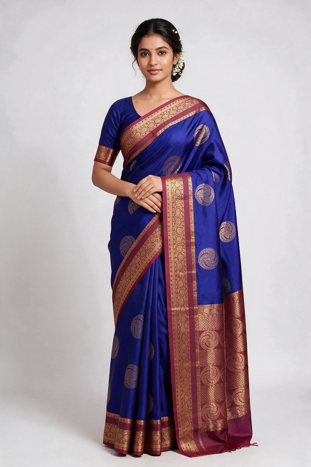 Navy Blue & Maroon Soft Silk Saree with Jacquard Border for Festive Wear - Navy Blue & Maroon