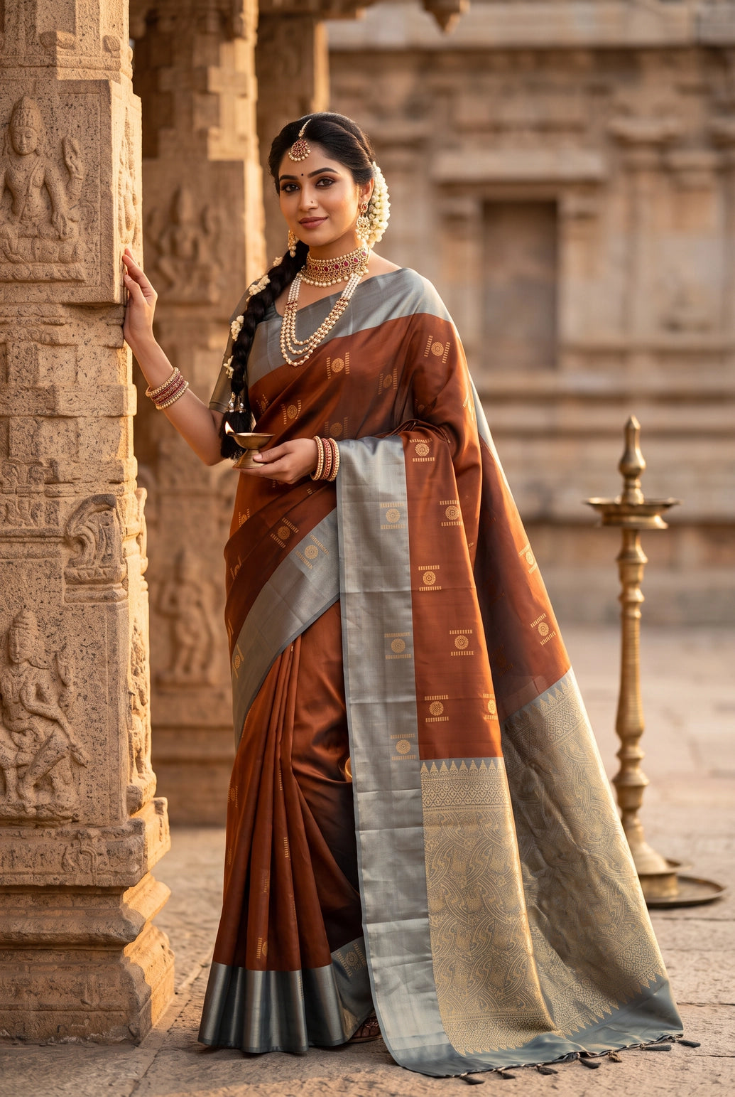 Beige & Olive Soft Silk Saree with Contrast Body and Border - Beige & Olive
