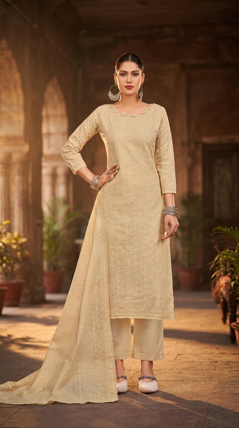 Sandal Cotton 3-Piece Kurti Set with Elastic Pant and Floral Schiffli Dupatta for Women - Sandal