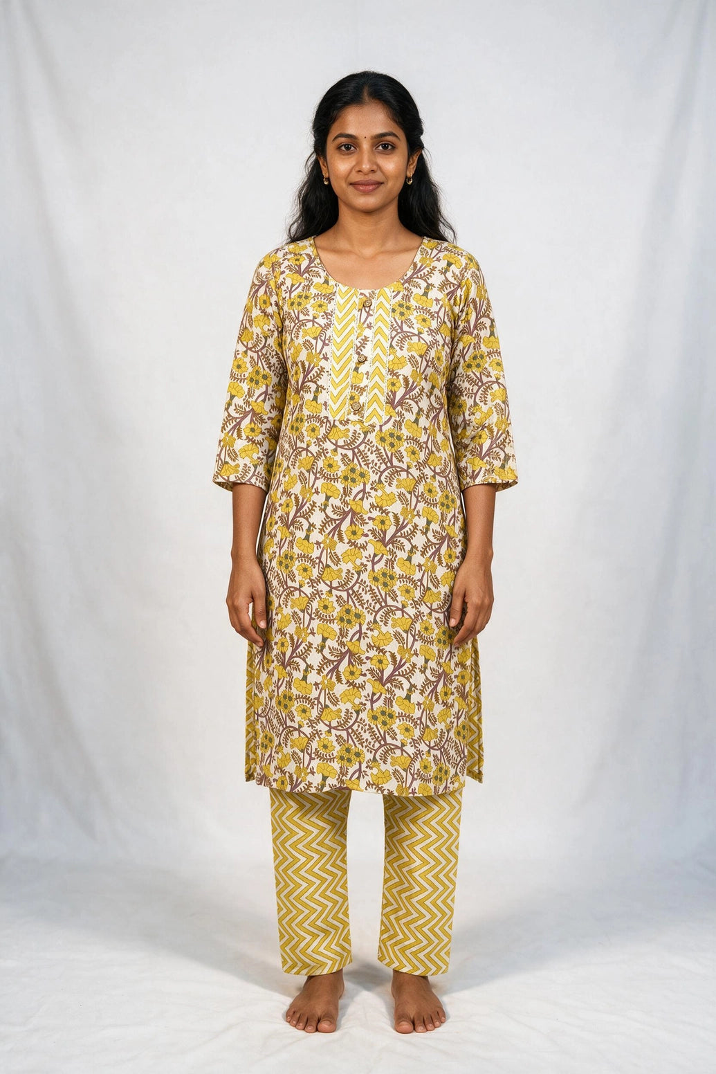 Women’s Yellow Floral Cotton Kurti with Chevron Panel Details & Elastic Pant Set - Yellow