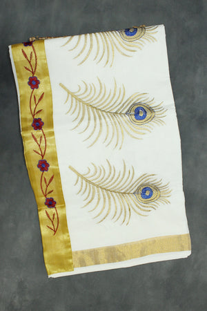 Pure Kerala Cotton White Saree – Gold Zari Peacock Embroidery with Blouse Piece