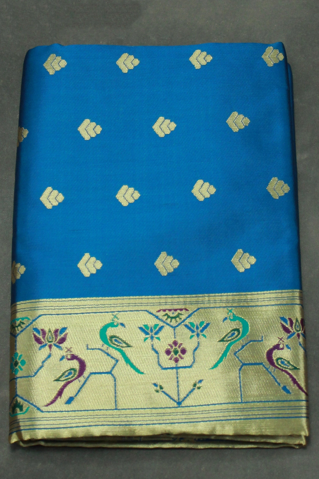 Peacock Blue Paithani Pure Silk Saree with Zari Woven Pallu & Border, Patterned Body and Butti Work - Peacock Blue