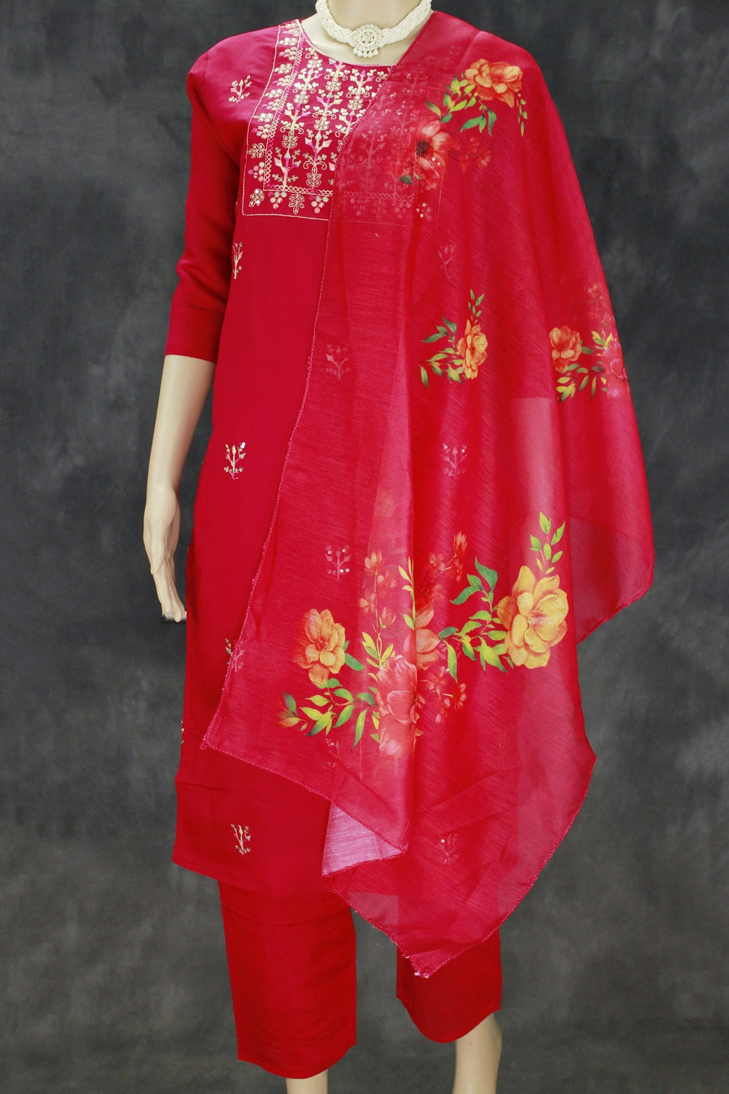Elegant Dark Pink Roman Silk 3-Piece Kurta Set