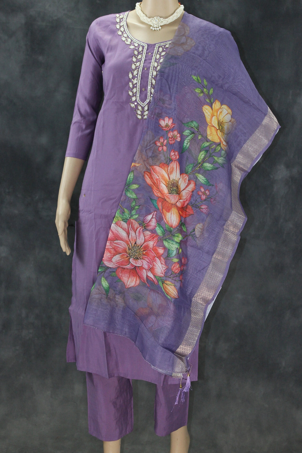 Lavender Roman Silk 3-Piece Salwar Suit with Organza Floral Digital Dupatta and Aari Pearl Neckwork Kurti JCS Fashions Lavender Small (36)