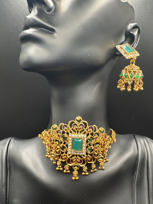 Gold-Tone Pink & Green Choker Necklace Set with Multicolor Stones, Crystal Accents and Matching Jumka Earrings