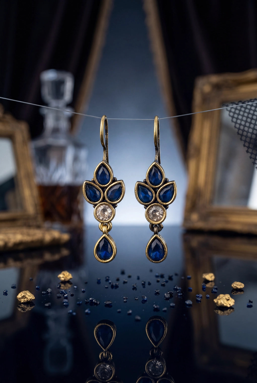 Dark Blue Floral Drop Gold-Tone Hook Earrings with Stone Detail for Women - Dark Blue