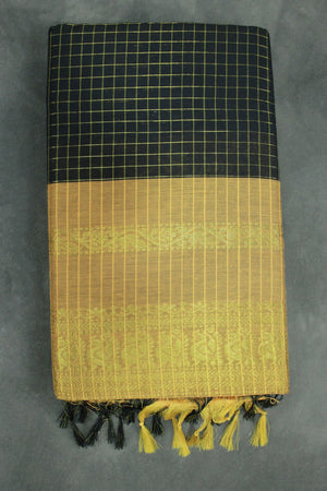 Black Kalyani Cotton Saree with Zari Checked & Peacock Border and Blouse