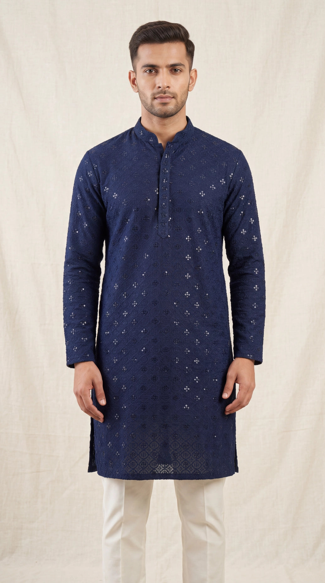 Men’s Navy Lakhnavi Kurta with Sequins Work, Long Kurta for Festive Wear - Navy