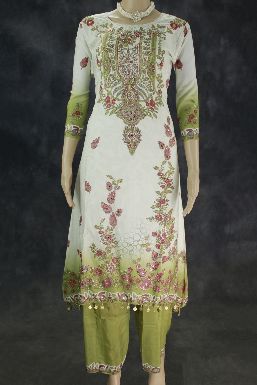 Cream Designer Crepe Salwar Set - 3-Piece Kurti with Stone & Mirror Work and Coin Hangings