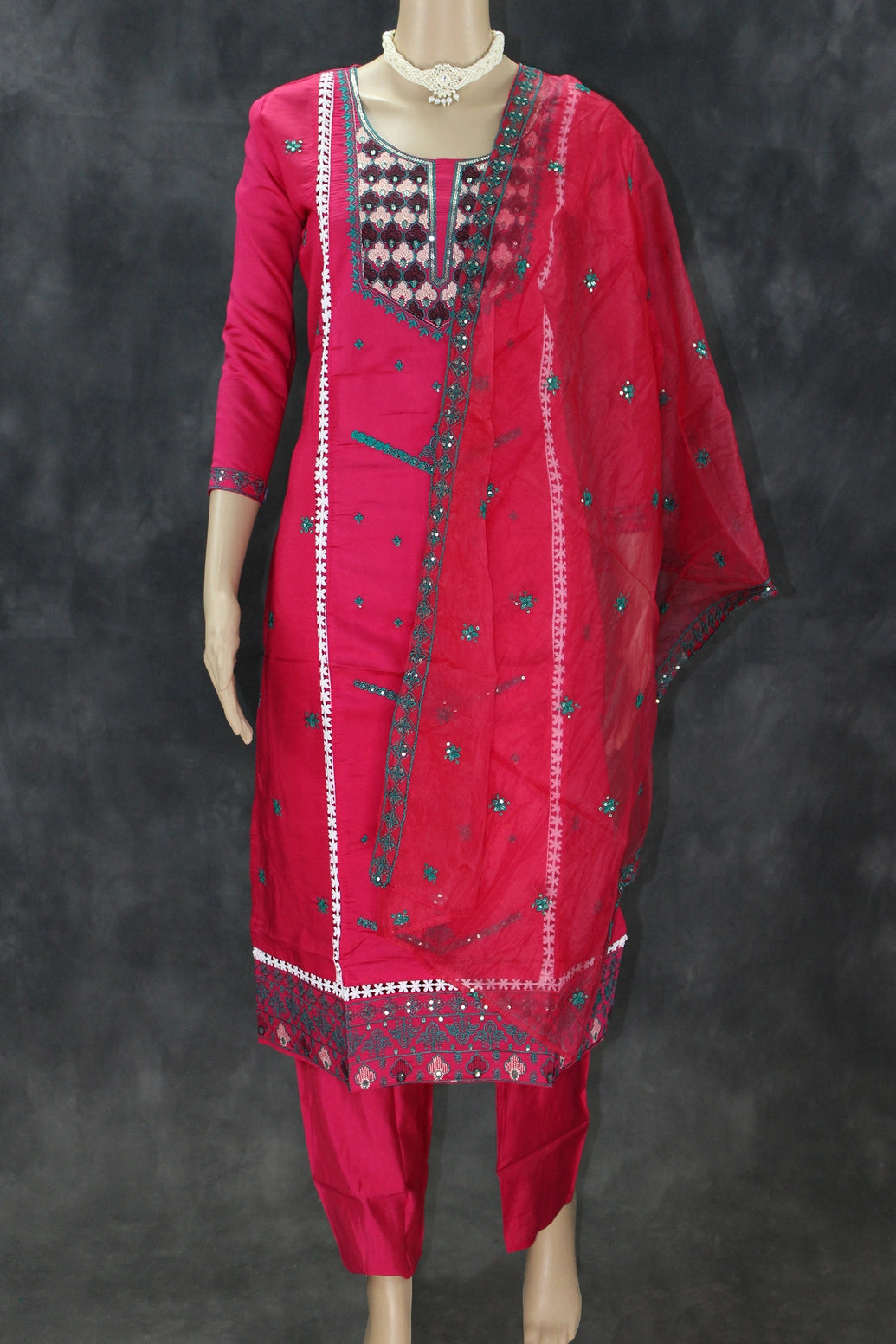 Roman Silk Pink Embroidered 3-Piece Salwar Suit with Organza Dupatta and Elastic Pants Kurti JCS Fashions Pink Large (40)