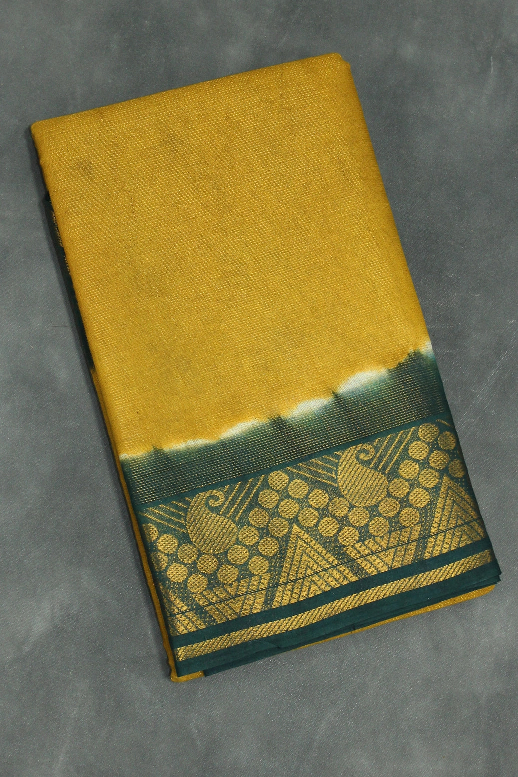 Mustard Sungudi Cotton Saree with Dark Green Gold Zari Border and Vaira Oosi Design - Mustard