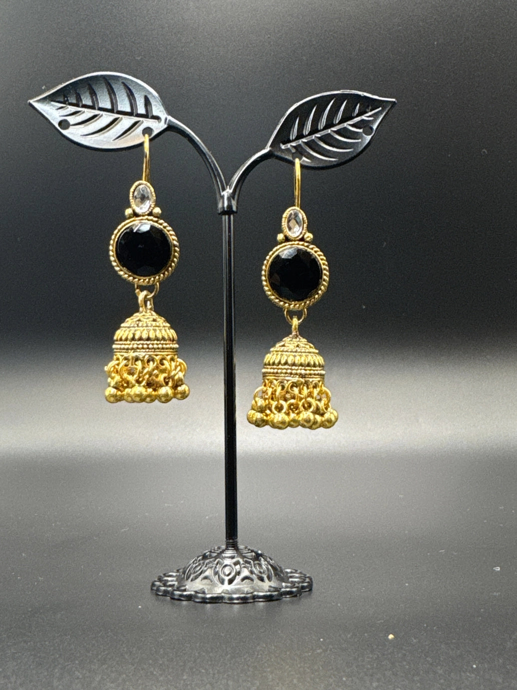 Antique Gold-Tone Jhumka Earrings with Black Stone Centre - 2.25 inch