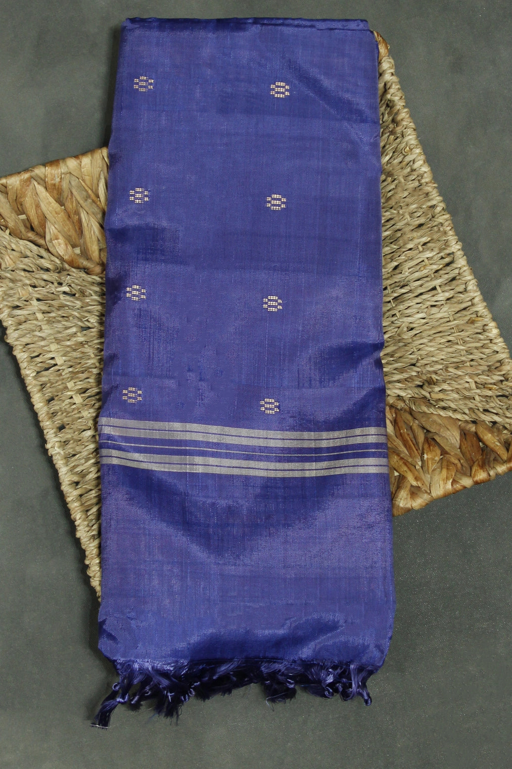 Navy Blue Vaazhai Naar (Banana Pith) Borderless Saree with Small Buttas and Striped Pallu - Navy Blue