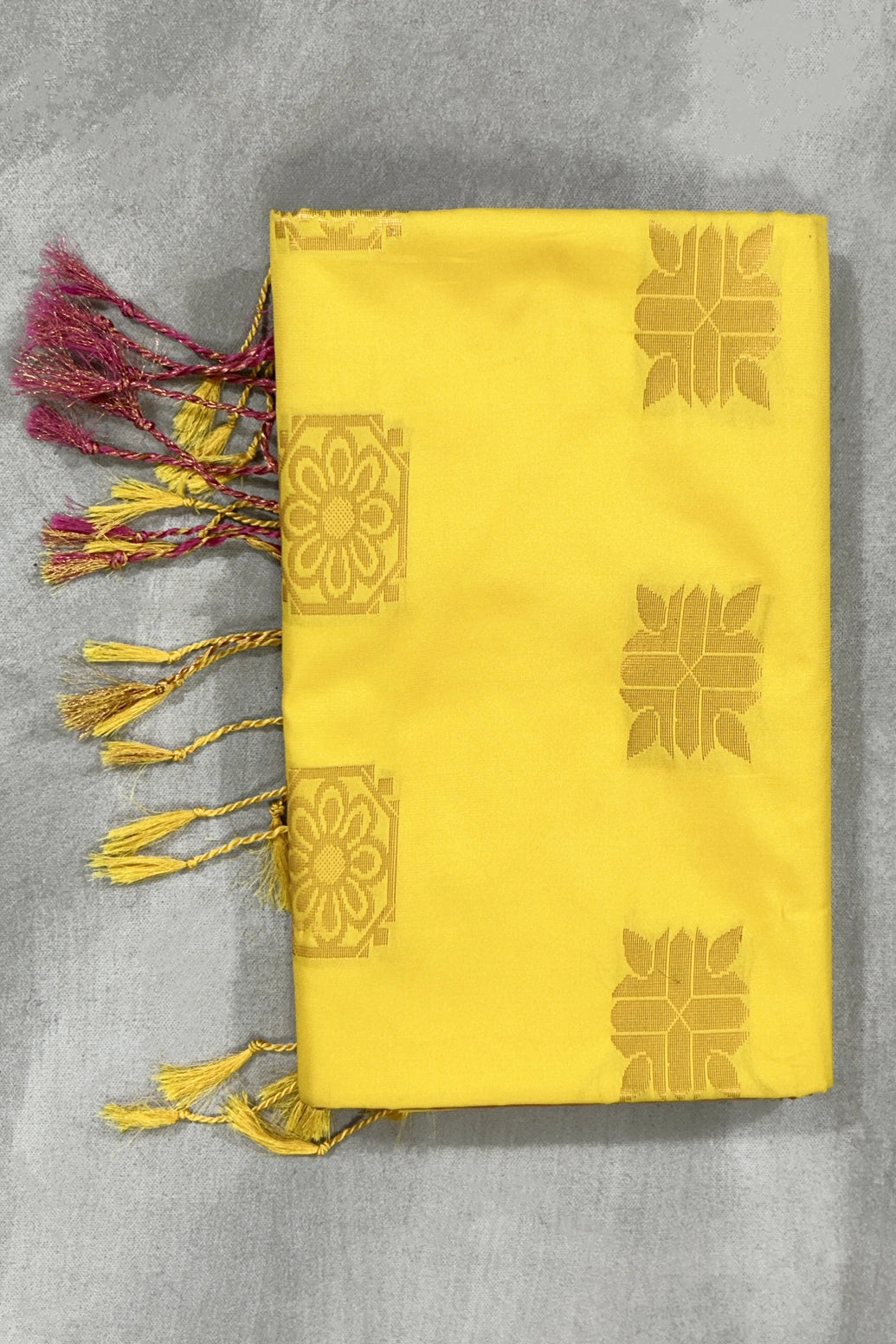 Yellow Korvai Soft Silk Border Saree with Gold Zari Buttas & Traditional Floral Border, with Blouse - Yellow